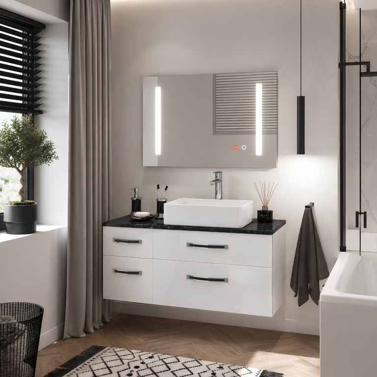 Set mobilier de baie Euphoria alb lucios EUP P 90L/0/W/W/0/BK/MB