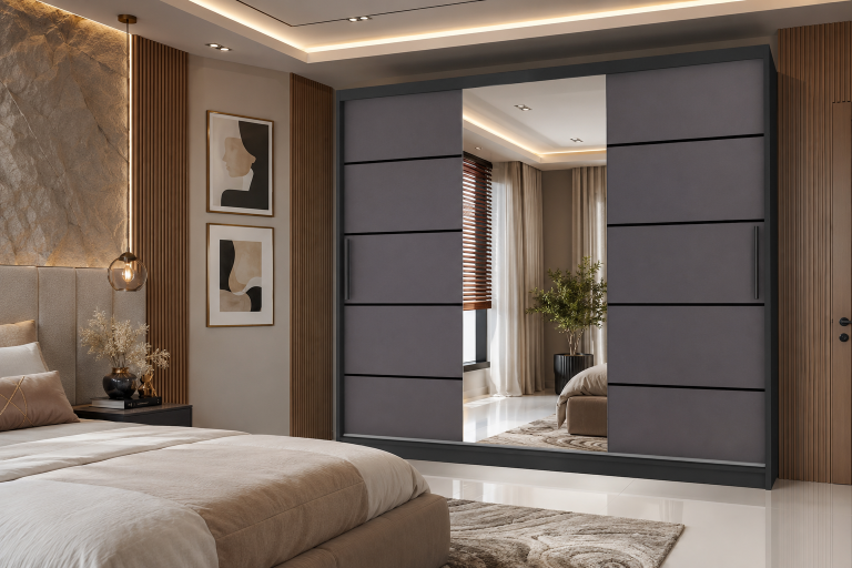 Dressing 232 cm Belini mat negru/gri mat cu usi glisante cu oglinda si sertare MBP SZP8/0/1B/2SR1L/0/KLP