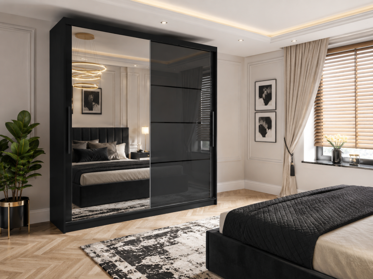 Dressing 200 cm Belini negru mat/gri lucios cu usi glisante cu oglinda si sertare MGB SZP5/1/B/1L5S/KLP
