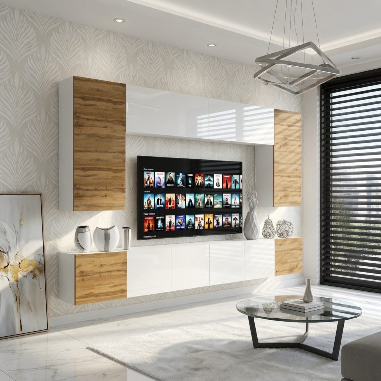 Set mobila sufragerie Belini Premium Full Version alb lucios / stejar wotan + iluminare LED NEX 2/0/W/DWWDWW/0/0/PP