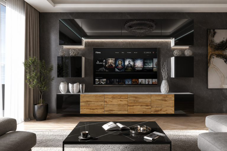 Set mobila sufragerie Belini Premium Full Version negru lucios / stejar wotan + iluminare LED NEX 3/0/W/BBBDW/0/0/PP
