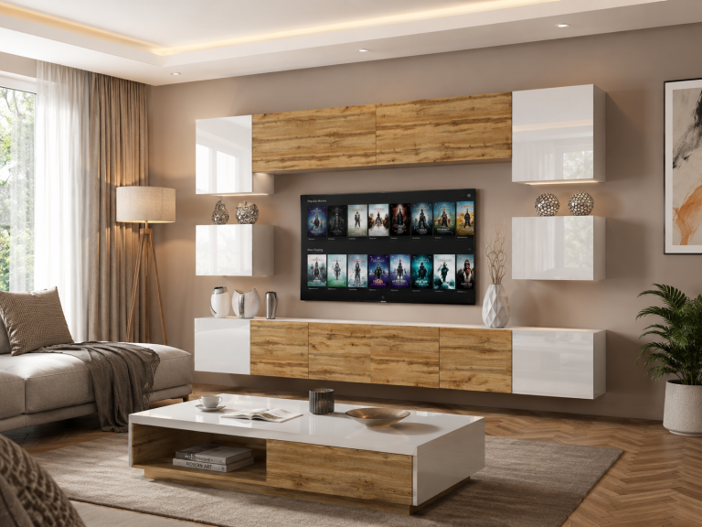 Set mobila sufragerie Belini Premium Full Version alb lucios / stejar wotan + iluminare LED NEX 3/0/W/WDWWWDW/0/0/PP