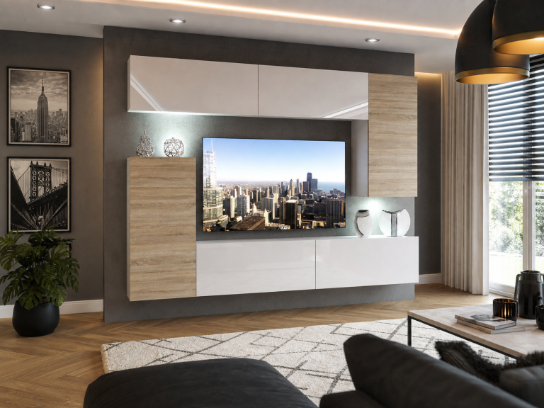 Perete sufragerie Belini Premium Full Version alb lucios / stejar sonoma + iluminare LED NEX 8/0/W/WDSDSW/0/0/PP
