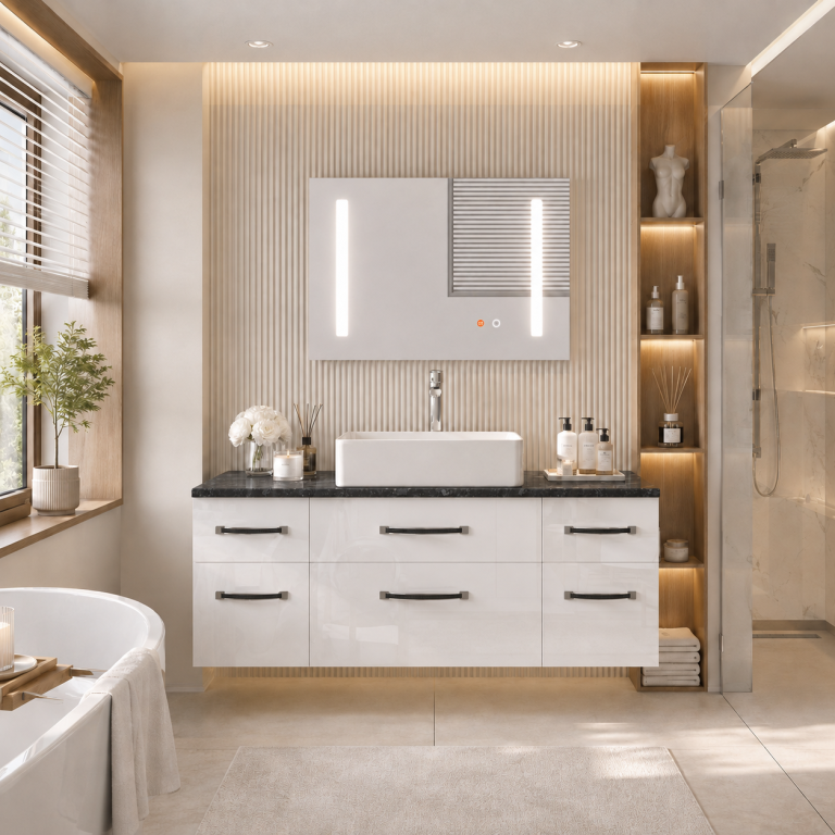 Set mobilier de baie Euphoria alb lucios EUP P 120/0/W/W/0/BK/MB