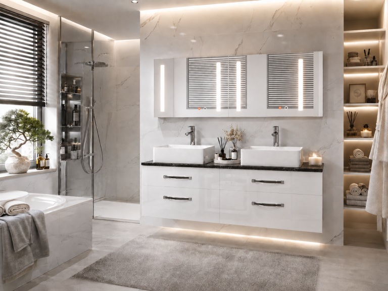 Set mobilier de baie Euphoria alb lucios EUP P 120D/0/W/W/0/BK/MB