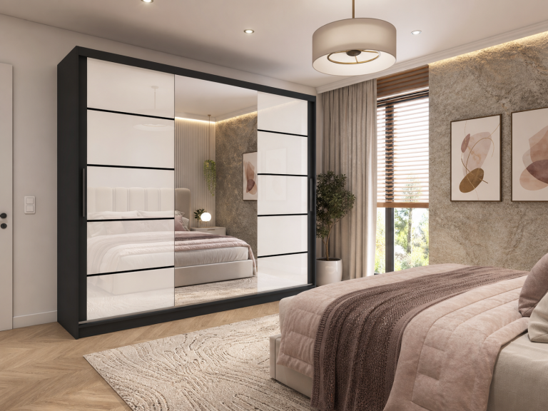 Dressing 232 cm Belini negru mat / alb lucios cu usi glisante cu oglinda si sertare MGB SZP8/0/B/2W1L/KLP