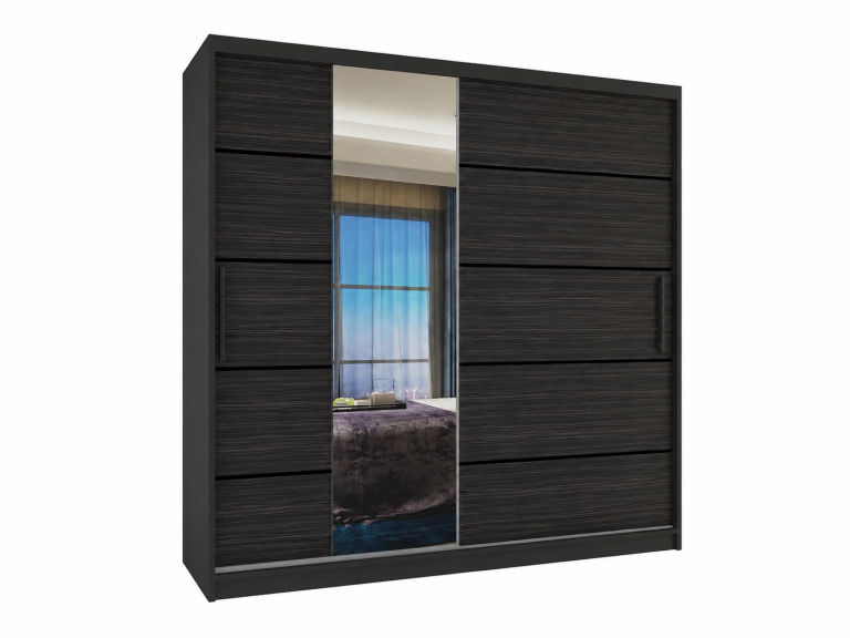 Dulap cu uși  glisante 200 cm PREMIUM CU SERTARE cu oglindă, finisaj lemn abanos regal mat, Producător MBP SZP5/1/B/HK/0/KLP