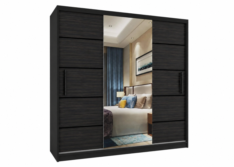Dulap glisant 200 cm PREMIUM CU SERTARE cu oglindă negru nuc regal Producător MT SZP5/1/B/HK/0/KLP