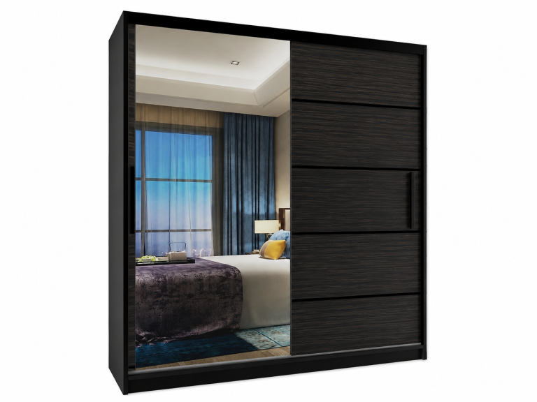 Dulap cu uși glisante 158 cm cu oglindă, negru, lemn de abanos regal mat, Producător MZ SZP3/1/B/HK/0/BL