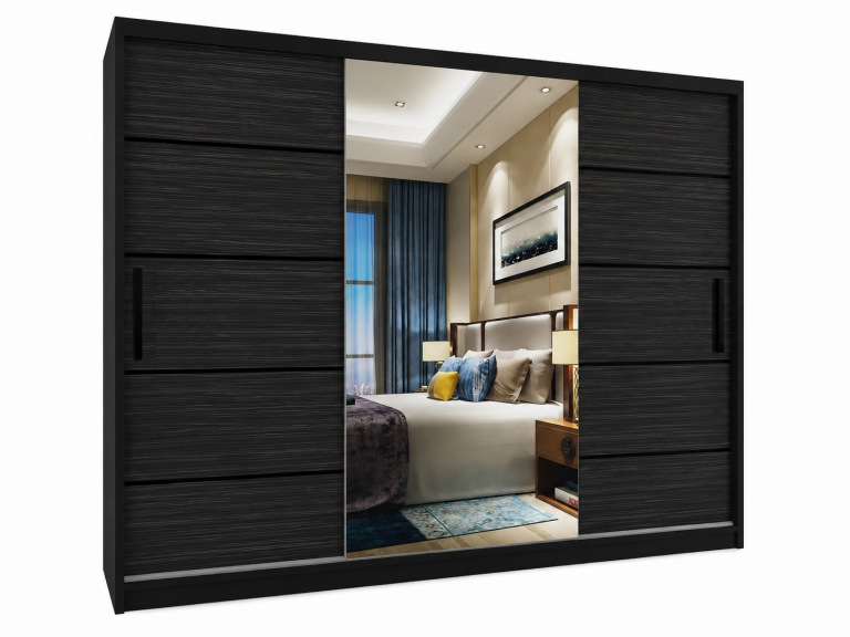 Dulap cu uși glisante 232 cm cu oglindă, negru abanos regal mat, Producător MZ SZP4/2/1B/2HK1L/0/BL