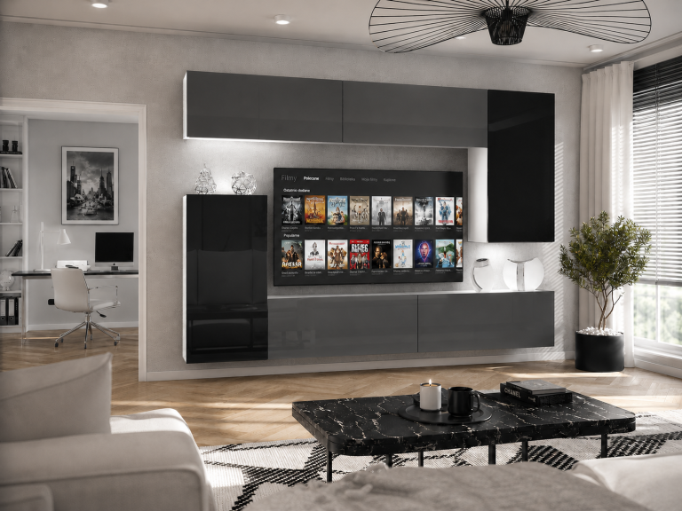 Set mobilă sufragerie 250 cm TV/RTV gri lucios negru lucios Producător IMP 8/5/W/SBBS/0/0