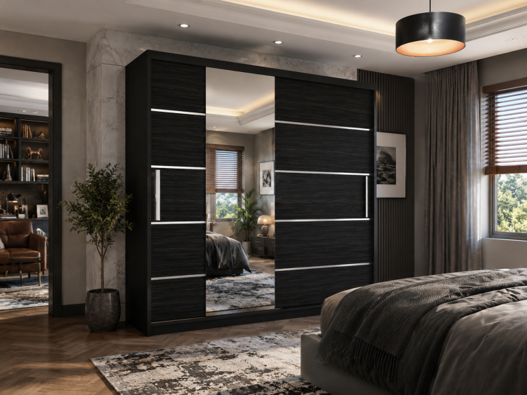 Dulap cu uși glisante de 200 cm cu oglindă, negru abanos închis, Producător MBP SZP1/2/B/HK/0/AL