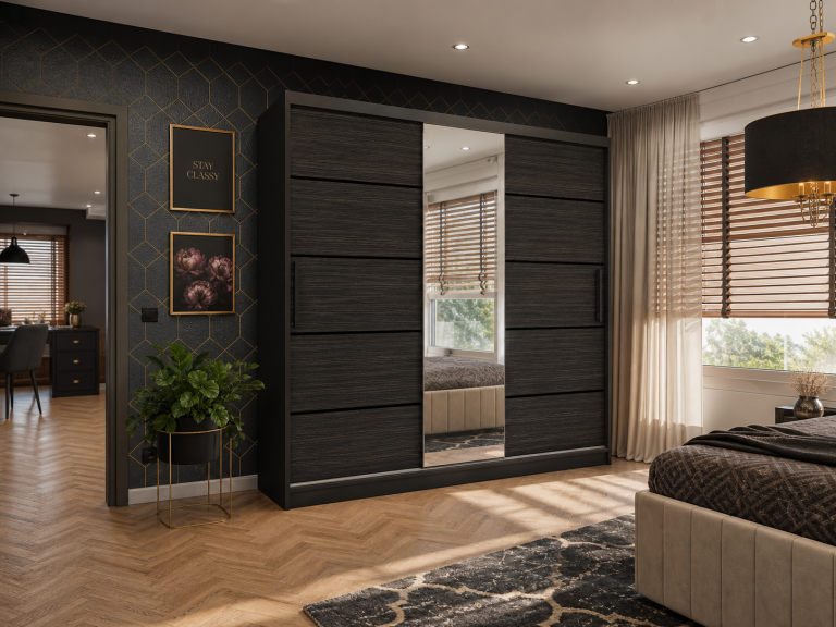 Dulap glisant 200 cm PREMIUM CU SERTARE cu oglindă negru nuc regal Producător MT SZP5/1/B/HK/0/KLP