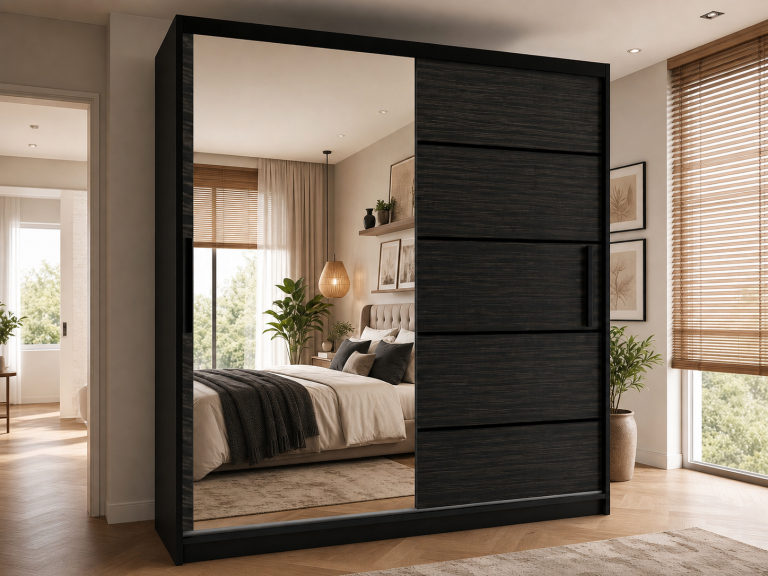 Dulap cu uși glisante de 200 cm cu oglindă, abanos regal, negru, Producător MZ SZP1/2/B/HK/0/BL