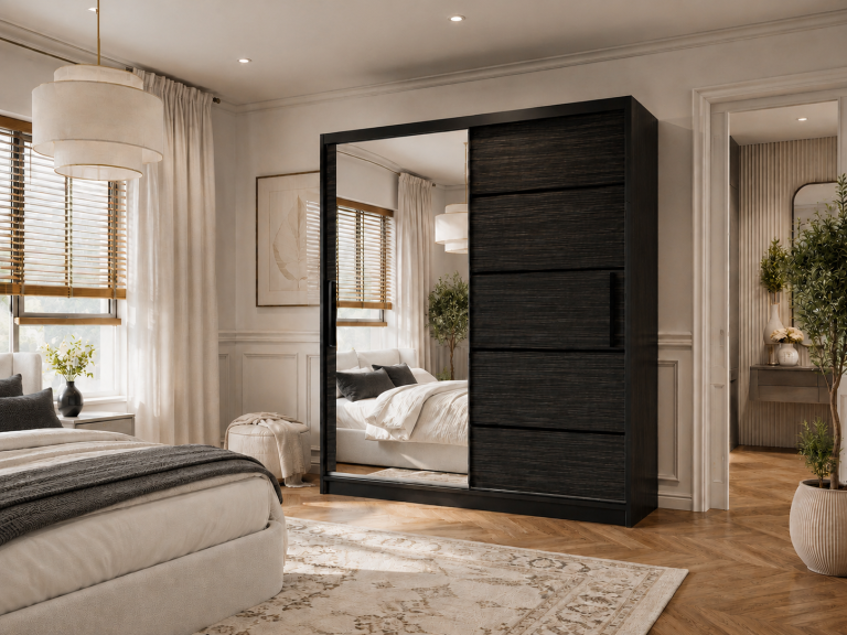 Dulap cu uși glisante 158 cm cu oglindă, negru, lemn de abanos regal mat, Producător MZ SZP3/1/B/HK/0/BL