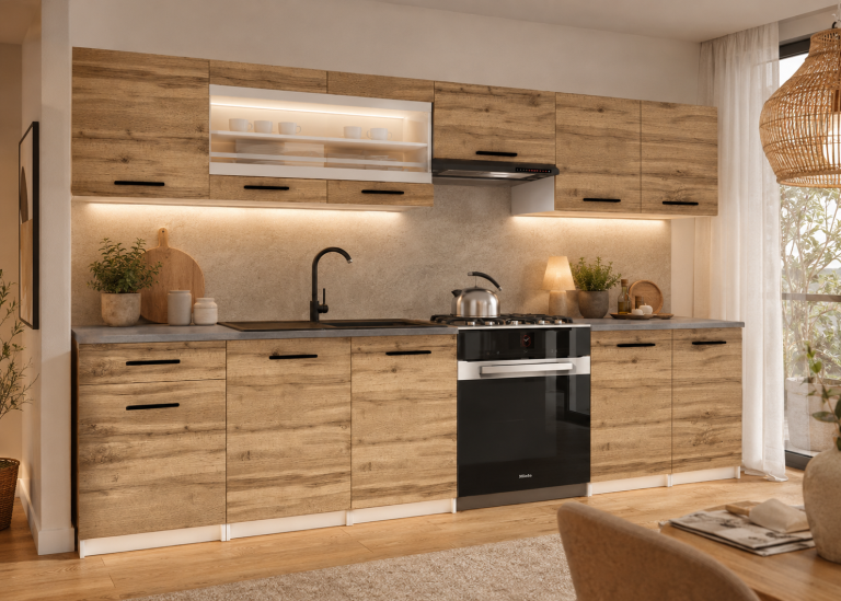 Mobilier de bucătărie de 260 cm stejar Wotan, cu blat. Producător: TOR PRIMO260/2/WT/DW/0/B1
