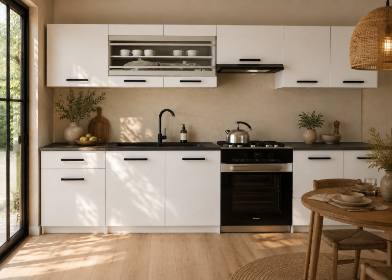 Mobilier de bucătărie 260 cm, alb mat, cu blat. Producător: TOR PRIMO260/3/WT/WT/0/B1