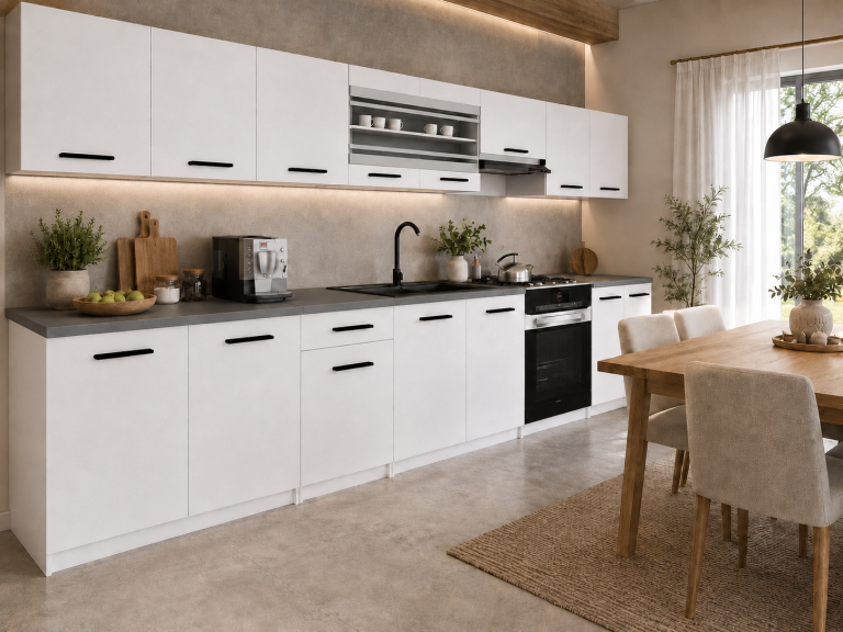 Mobilier de bucătărie 320 cm, alb mat, cu blat. Producător: TOR PRIMO320/4/WT/WT/0/B1