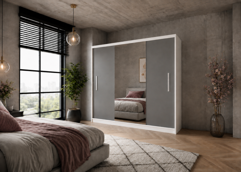 Dressing 232 cm cu oglindă, gri mat Producător MES PRIMO SZP4/2/1W/2SR1L/0/AL