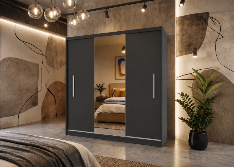 Dressing 200 cm PRIMO cu oglindă, negru abanos mat Producător MES PRIMO SZP1/1/B/B/0/AL