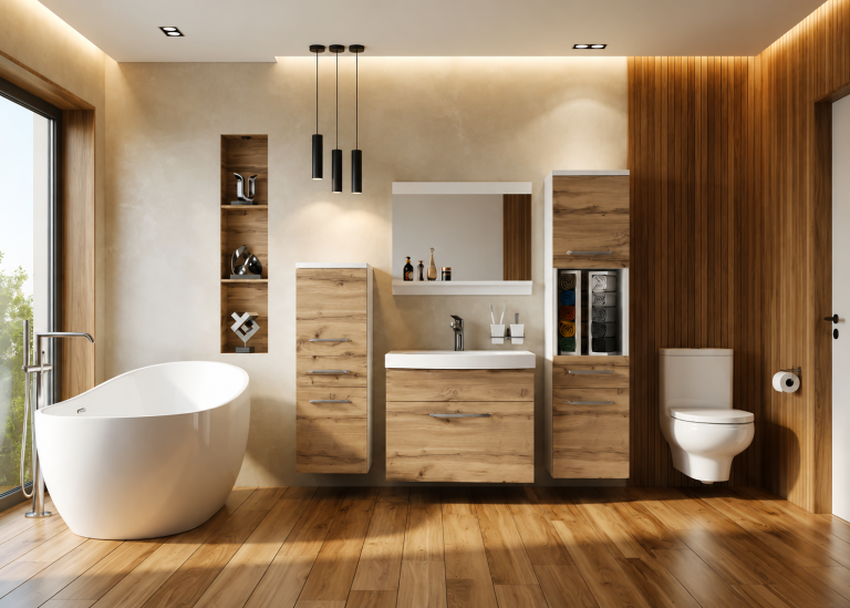 Mobilier de baie: dulapuri cu chiuvetă și oglindă, din stejar Wotan. Producător: ROD PRIMO M 5/0/W/DW/0/ZINC