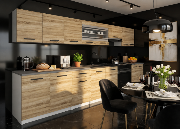 Mobilier de bucătărie de 320 cm , stejar Sonoma, cu blat. Producător: TOR PRIMO320/4/WT/DS/0/B1