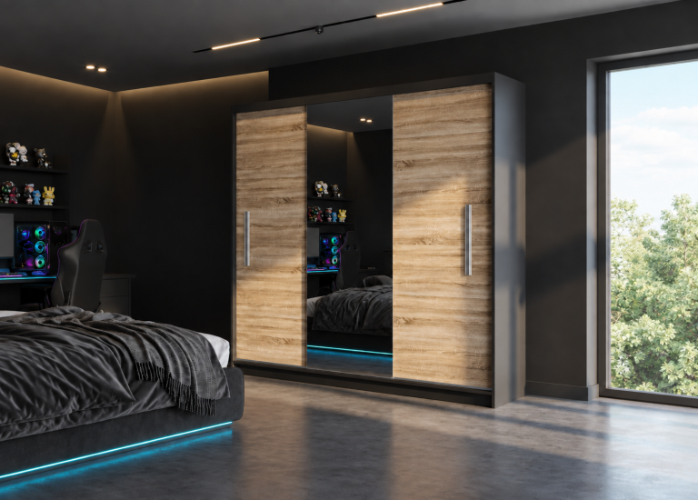 Dressing 200 cm PRIMO cu oglindă, finisaj stejar Sonoma mat. Producător: MES PRIMO SZP1/1/B/DS/0/AL