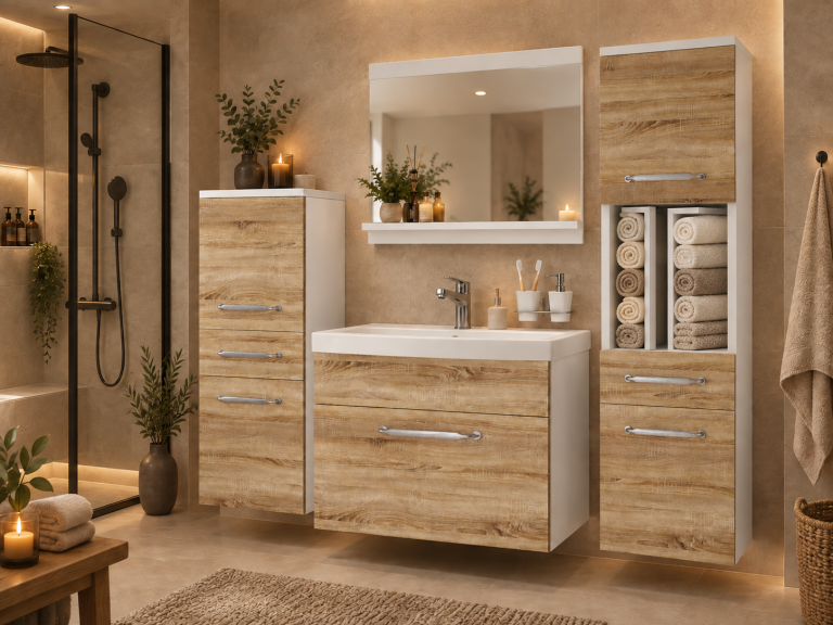 Mobilier de baie: dulapuri cu chiuvetă și oglindă, din stejar Sonoma. Producător: ROD PRIMO M 5/0/W/DS/0/ZINC