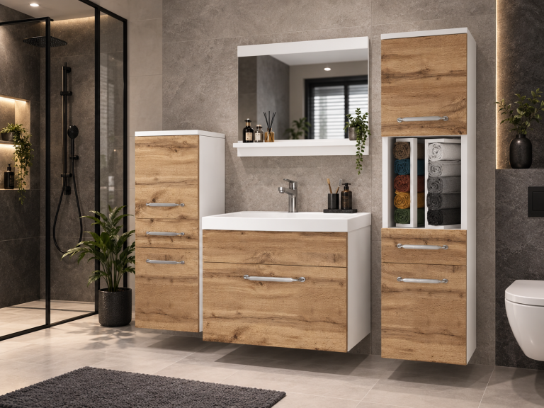 Mobilier de baie: dulapuri cu chiuvetă și oglindă, din stejar Wotan. Producător: ROD PRIMO M 5/0/W/DW/0/ZINC