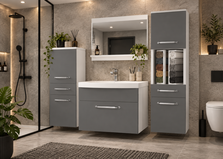 Mobilier de baie: dulapuri cu chiuvetă și oglindă, gri antracit-grafit. Producător: ROD PRIMO M 5/0/W/SR/0/ZINC