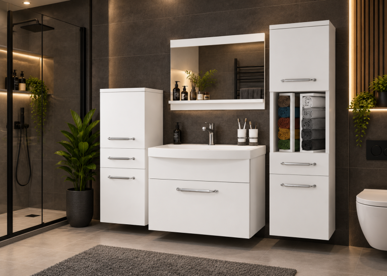 Mobilier de baie: dulapuri cu chiuvetă și oglindă, alb mat. Producător: ROD PRIMO M 5/0/W/W/0/ZINC