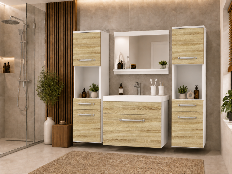 Mobilier de baie: dulapuri cu chiuvetă și oglindă, din stejar Sonoma. Producător: ROD PRIMO M 6/0/W/DS/0/ZINC