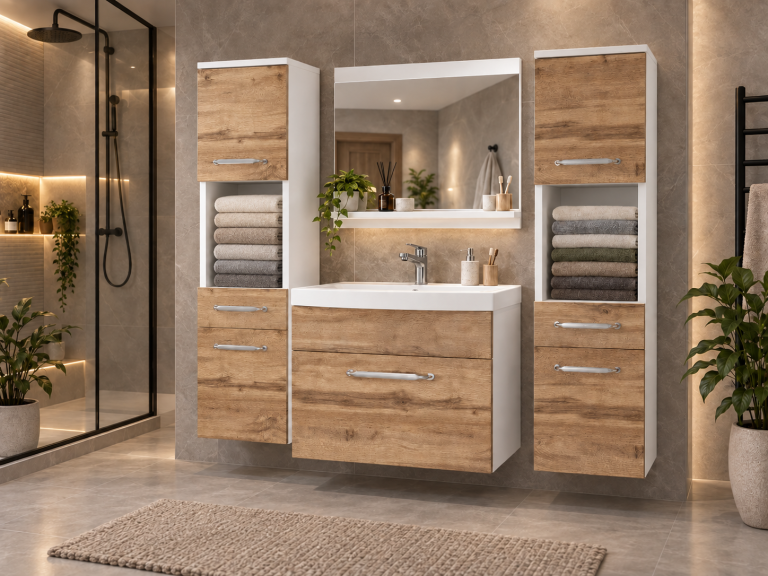 Mobilier de baie: dulapuri cu chiuvetă și oglindă, din stejar Wotan și stejar Sonoma. Producător: ROD PRIMO M 6/0/W/DW/0/ZINC