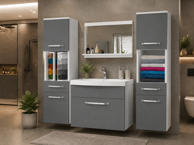Mobilier de baie: dulapuri cu chiuvetă și oglindă, gri antracit-grafit. Producător: ROD PRIMO M 6/0/W/SR/0/ZINC