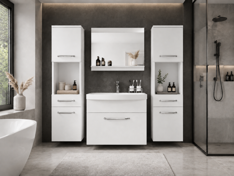 Mobilier de baie: dulapuri cu chiuvetă și oglindă, alb mat. Producător: ROD PRIMO M 6/0/W/W/0/ZINC