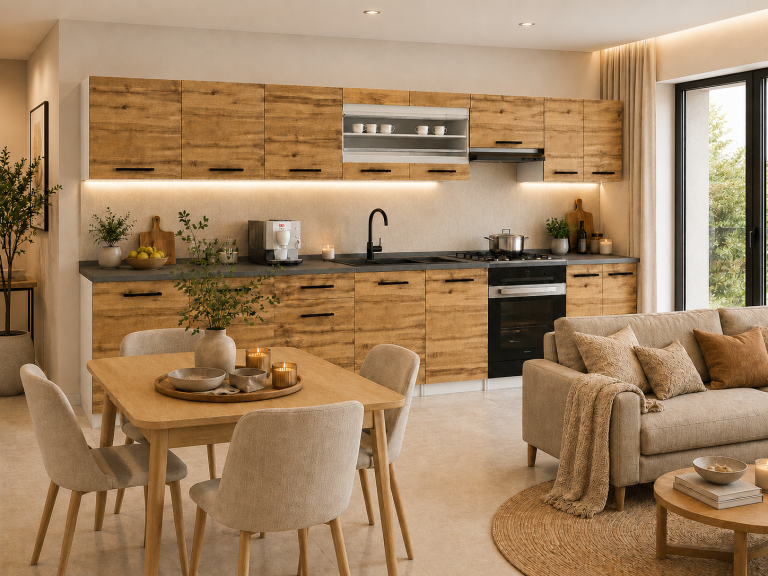 Mobilier de bucătărie de 320 cm, stejar Wotan, cu blat. Producător: TOR PRIMO320/4/WT/DW/0/B1