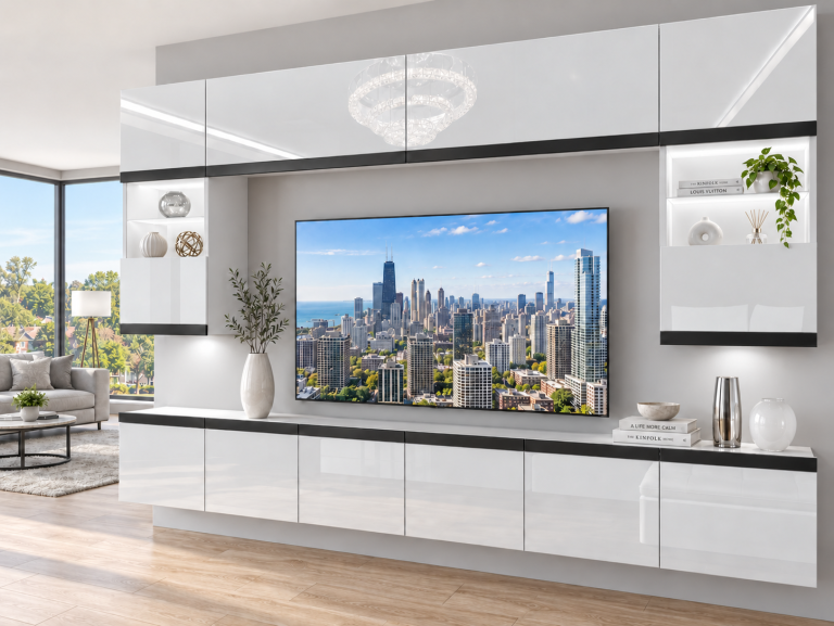 Mobilă de sufragerie Prestige 300 cm TV/RTV alb lucios Producător IMP P2 Nolan 1/5/W/W/0/0/CM