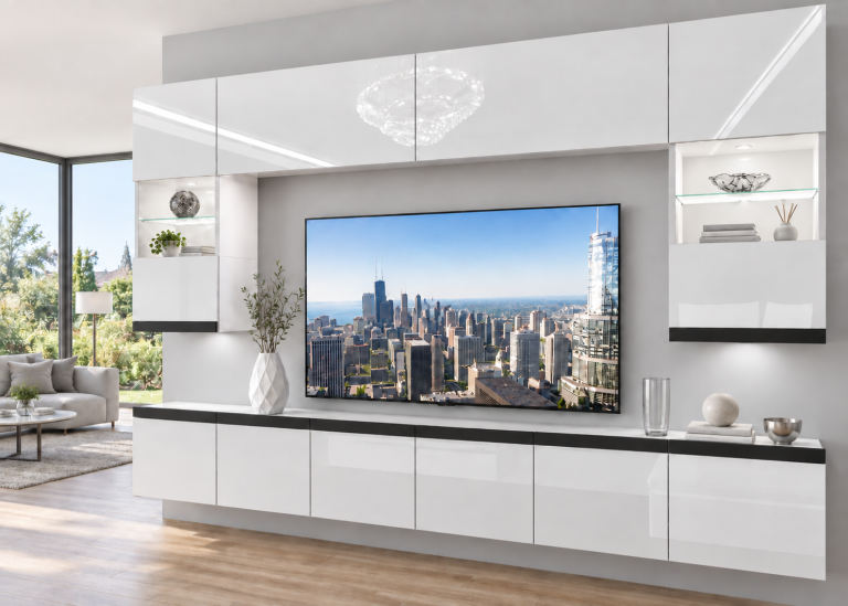 Meblościanka Prestige 300 cm TV/RTV biała połysk Producent IMP P1 Nolan 1/5/W/W/0/0/CM
