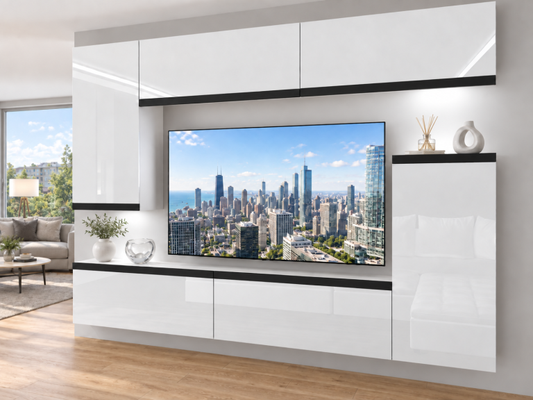 Mobilă sufragerie Prestige 250 cm pentru TV/RTV, alb lucios, Producător: IMP P Woody 8/5/W/W/0/0/CM