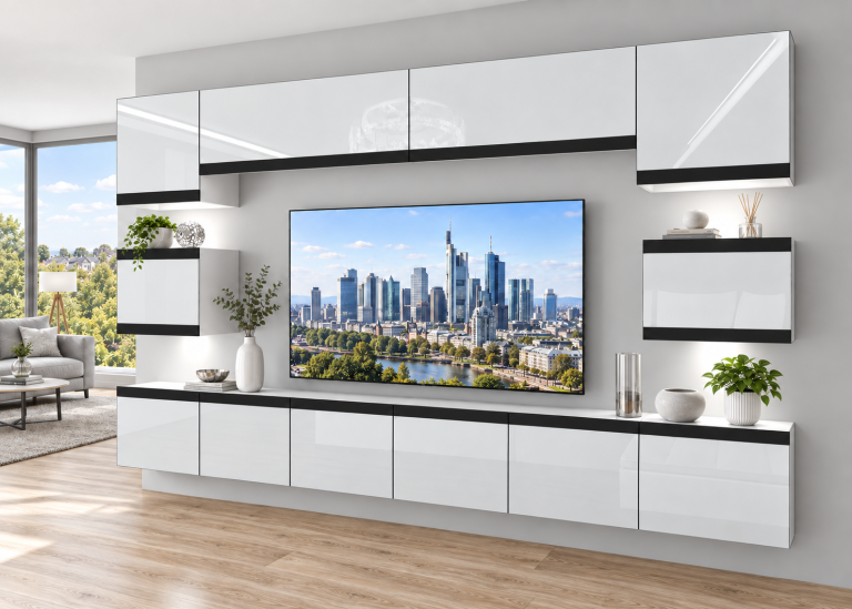 Mobilă de sufragerie Prestige 300 cm TV/RTV alb lucios Producător IMP P Tarantino 3/5/W/W/0/0/CM