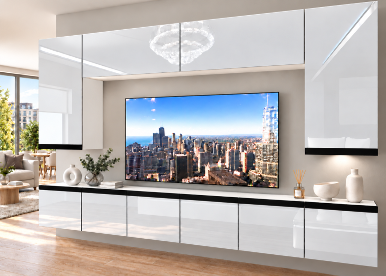 Mobilă de sufragerie Prestige 300 cm TV/RTV alb lucios Producător IMP P Monroe 2/5/W/W/0/0/CM
