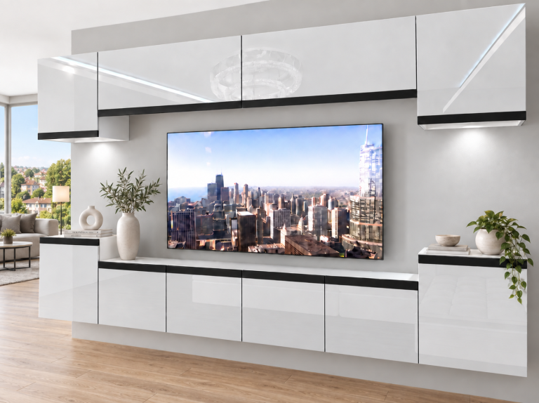 Mobilă de sufragerie Prestige 300 cm TV/RTV alb lucios Producător IMP P Hepburn 4/5/W/W/0/0/CM