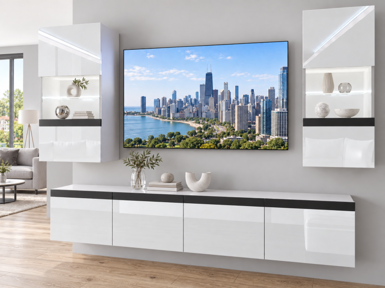 Mobilă sufragerie  Prestige 200 cm pentru TV/RTV, alb lucios, Producător: IMP P Keanu 7/5/W/W/0/0/CM