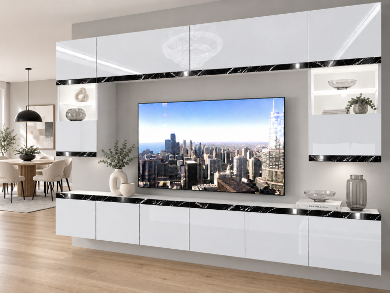 Mobilă de sufragerie Prestige 300 cm TV/RTV alb lucios Producător IMP P2 Nolan 1/5/W/W/0/0/CS