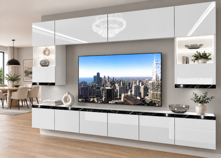 Mobilă de sufragerie Prestige 300 cm TV/RTV alb lucios Producător IMP P1 Nolan 1/5/W/W/0/0/CS