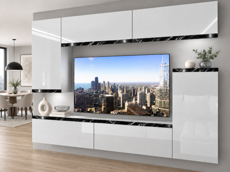 Mobilă sufragerie Prestige 250 cm pentru TV/RTV, alb lucios, Producător: IMP P Woody 8/5/W/W/0/0/CS