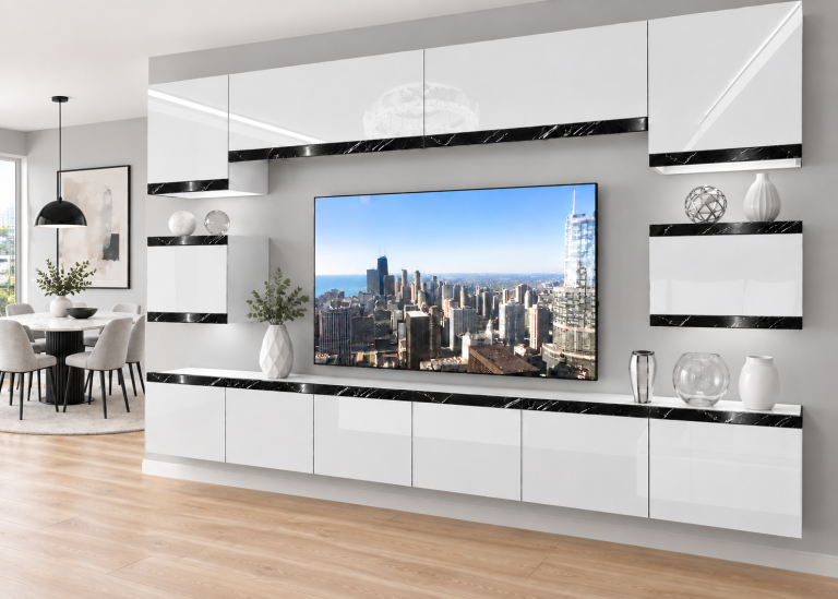 Mobilă de sufragerie Prestige 300 cm TV/RTV alb lucios Producător IMP P Tarantino 3/5/W/W/0/0/CS