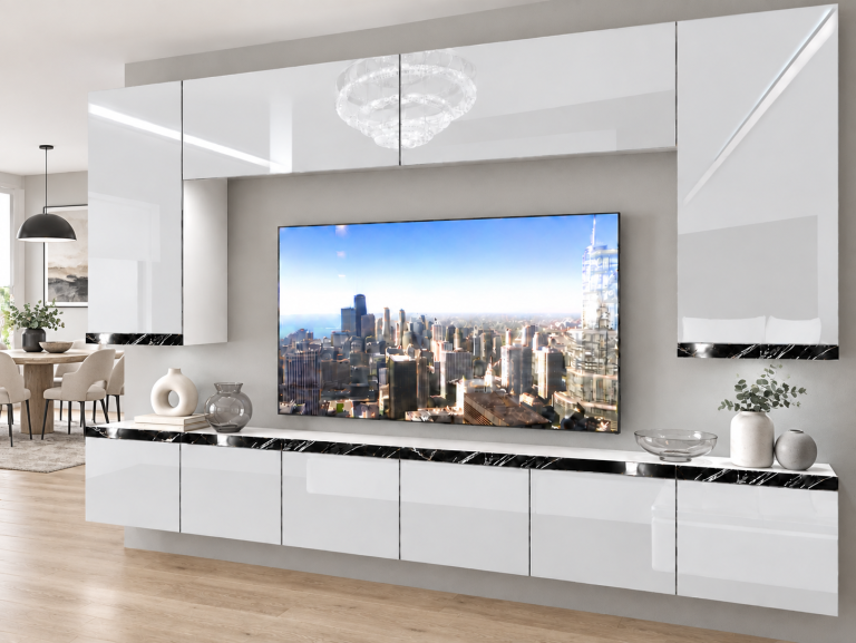 Mobilă de sufragerie Prestige 300 cm TV/RTV alb lucios Producător IMP P Monroe 2/5/W/W/0/0/CS
