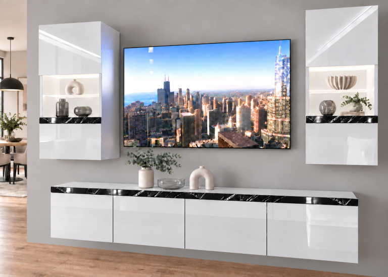 Mobilă sufragerie  Prestige 200 cm pentru TV/RTV, alb lucios, Producător: IMP P Keanu 7/5/W/W/0/0/CS