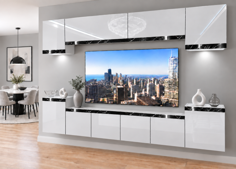 Mobilă de sufragerie Prestige 300 cm TV/RTV alb lucios Producător IMP P Hepburn 4/5/W/W/0/0/CS
